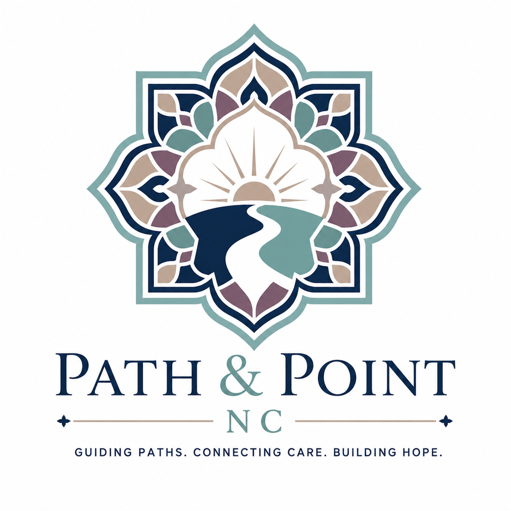 Path & Point NC logo featuring an Islamic geometric tile pattern, a winding path, and a rising sun